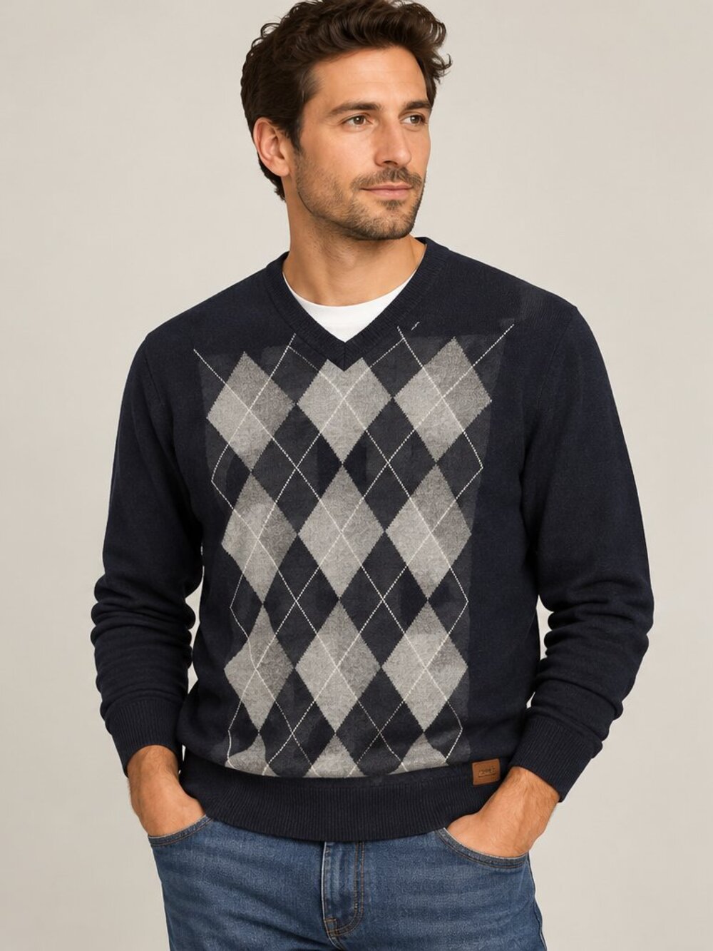 Roots Merino Wool Cashmere Argyle Sweater Men’s Large Navy Blue V-Neck